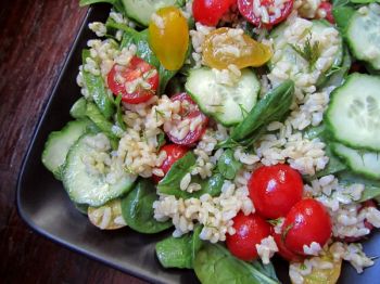 Brown Rice Garden Salad is the perfect late summer dish, accentuated by recently ripened garden tomatoes.