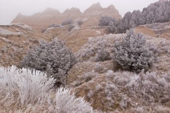 January is the coldest month in the Badlands. The average low temperature is 11 degrees and the average high is 34 degrees.