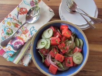 Fresh, bright and cool, this watermelon-cucumber concoction makes a great summer salad. Photo by Fran Hill.